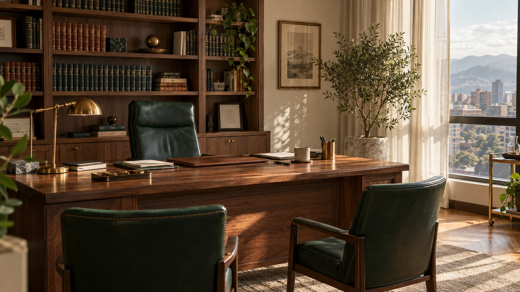 Oficina de abogados con escritorio de nogal, biblioteca y luz natural