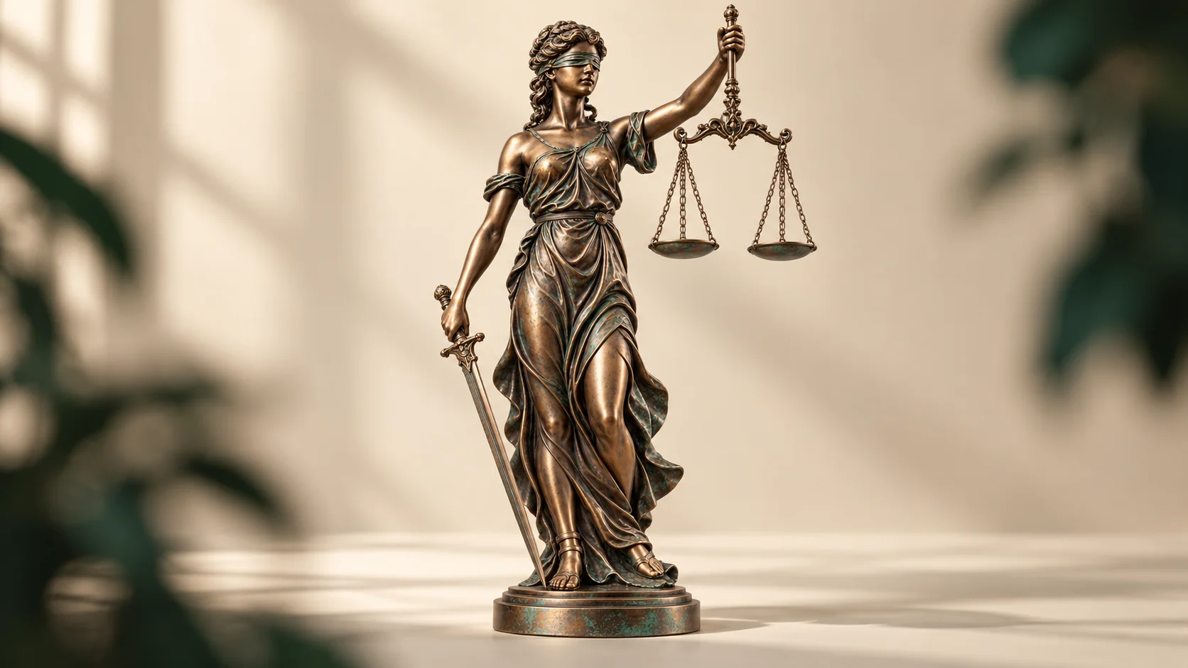 Estatua de la Justicia en bronce sobre un fondo cálido