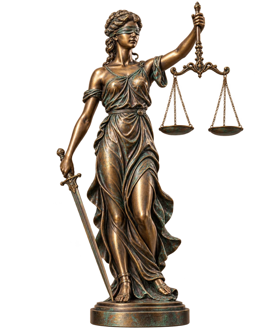 Estatua de bronce de la Justicia con balanza y espada