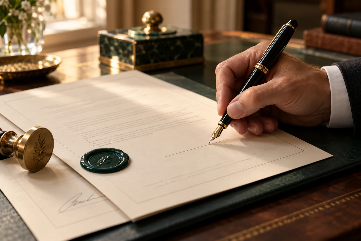 Firma de un contrato con pluma estilográfica y sello de lacre