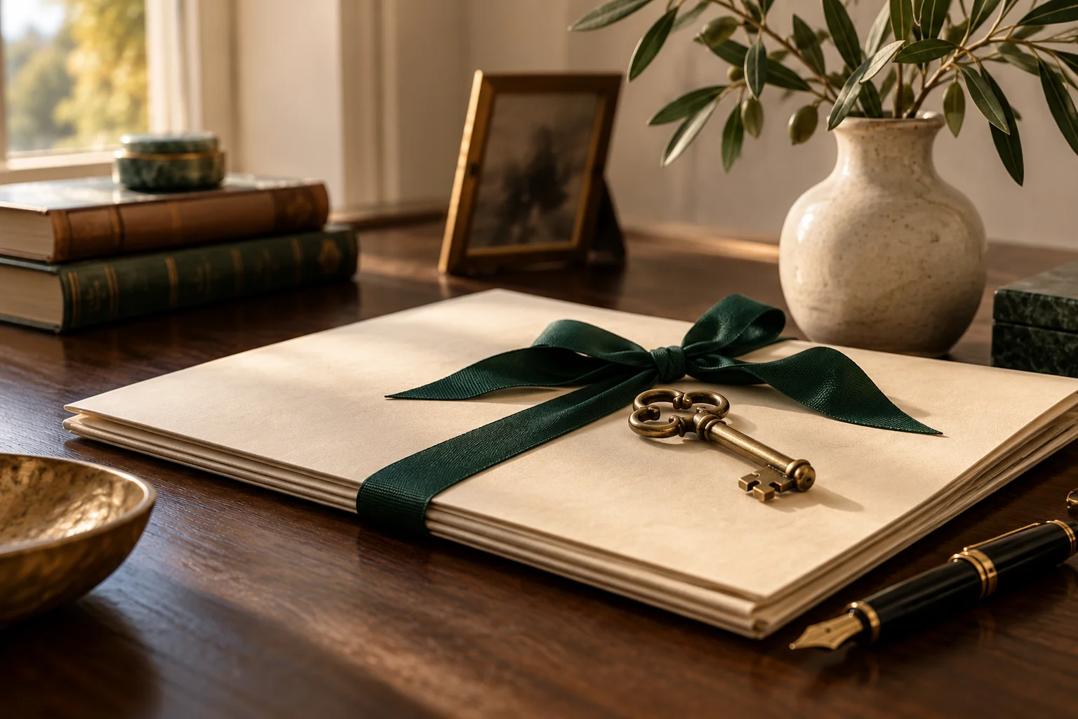 Documentos patrimoniales y llaves sobre un escritorio de madera