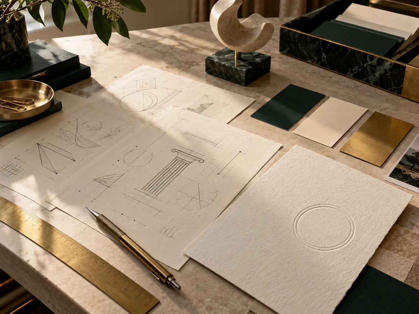 Escritorio de diseño con bocetos de marca y sello en relieve