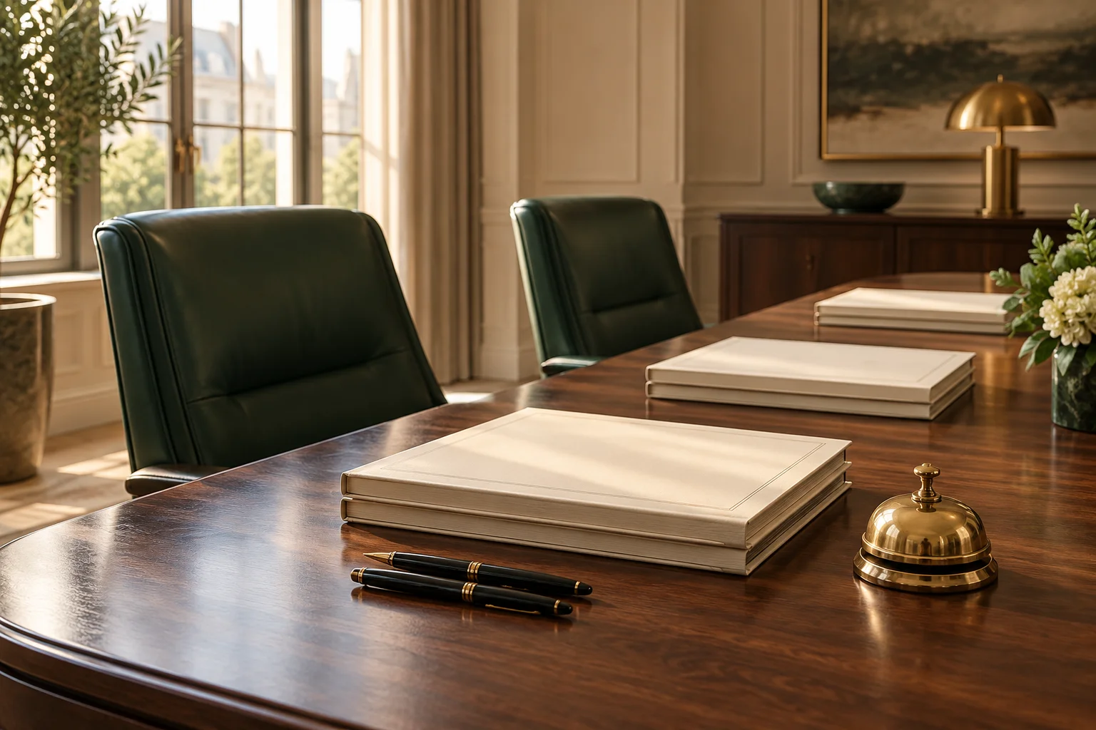 Sala de juntas con acuerdos de socios sobre una mesa de nogal