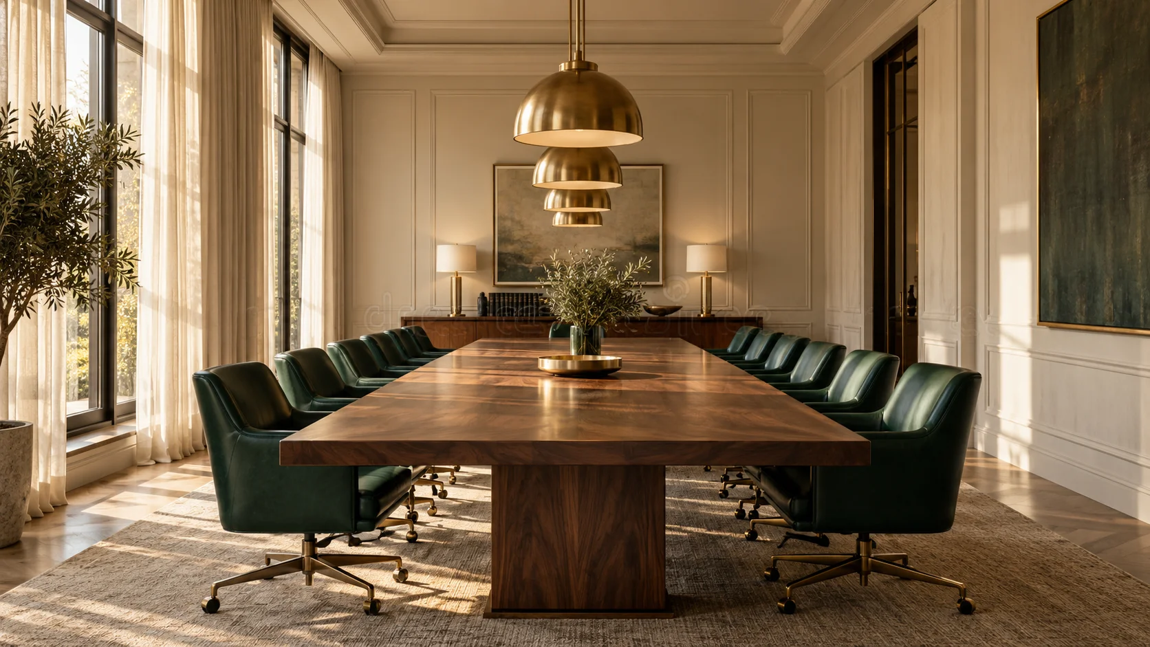 Sala de juntas con mesa de madera y sillas de cuero verde