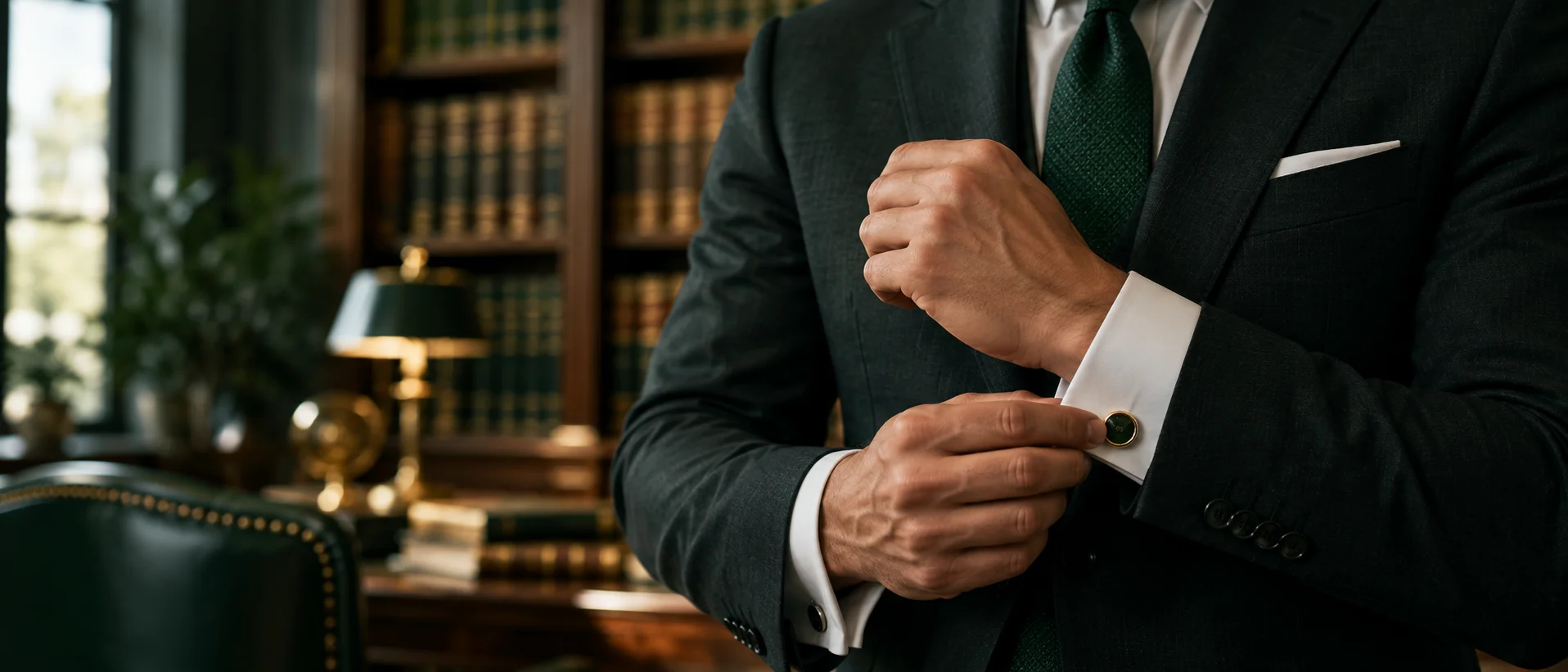 Abogado de traje ajustando su gemelo en una oficina con biblioteca