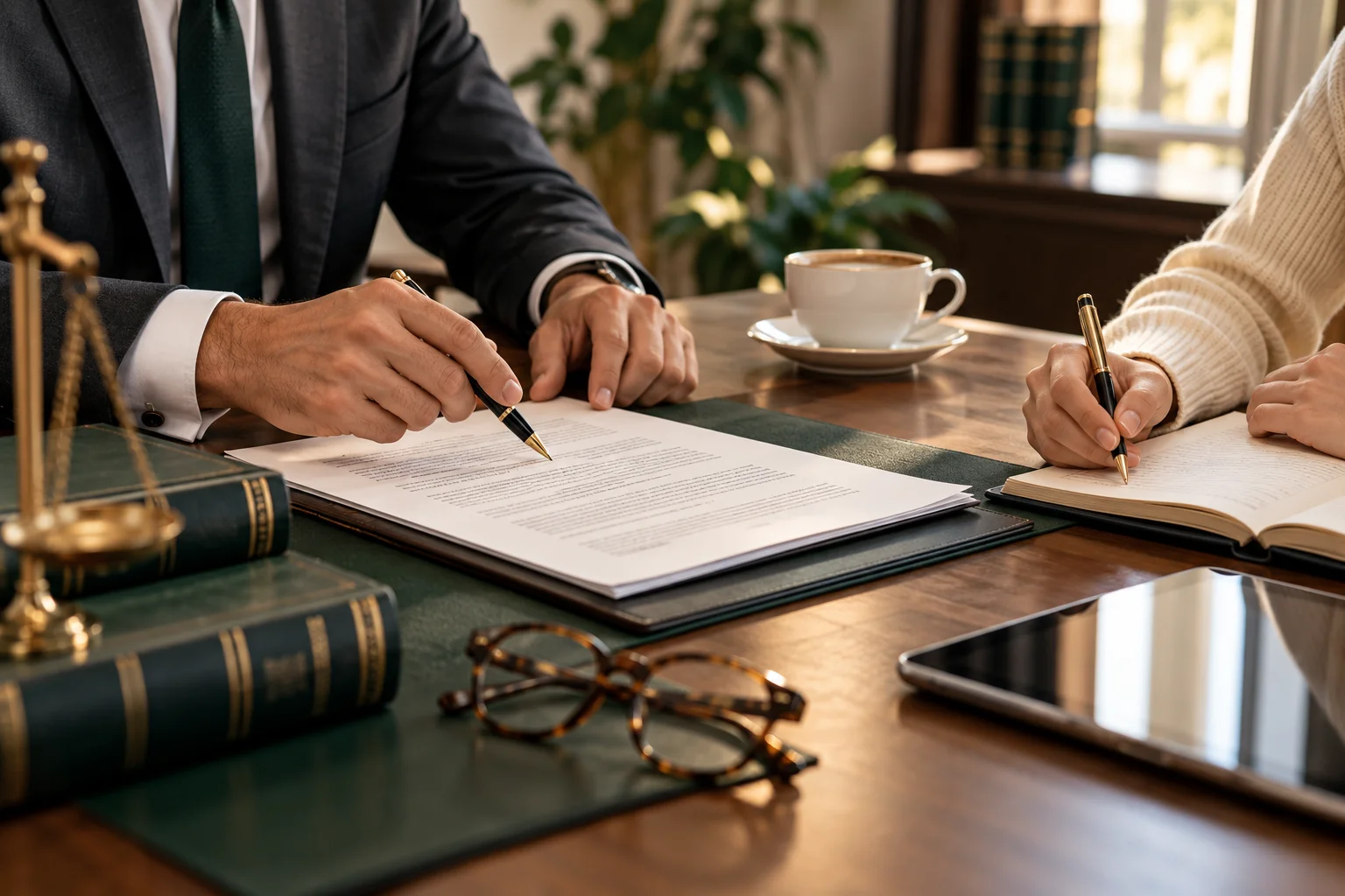 Abogado y cliente revisando un contrato sobre una mesa